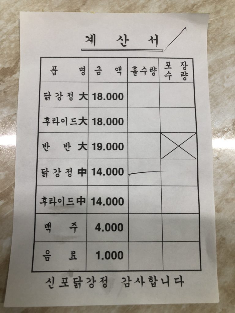 新浦タッカンジョンのメニュー表