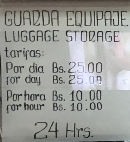 エル アルト国際空港にあるBaggage Strageの料金表