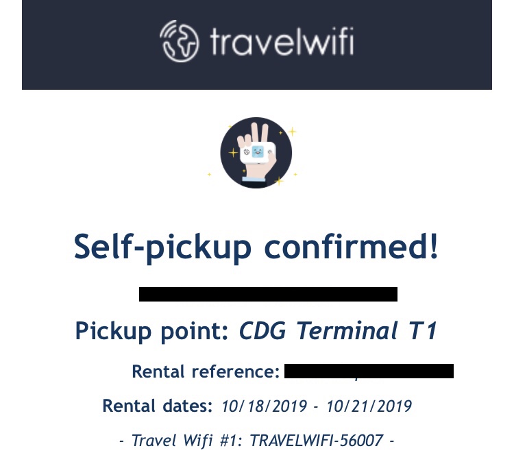 フランス Travel WiFI ピックアップ完了時に届いたメール