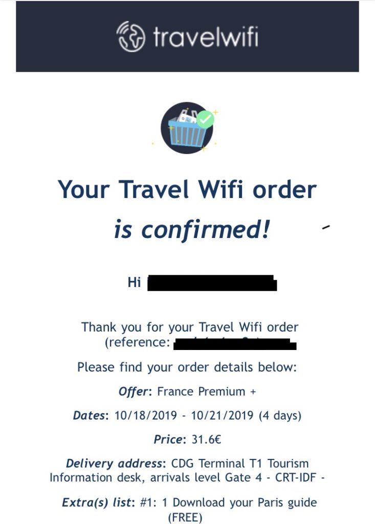 フランス Travel WiFI 予約完了時に届いたメール