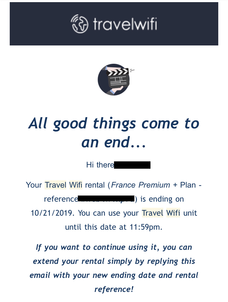 フランス Travel WiFI レンタル終了のアナウンスメール