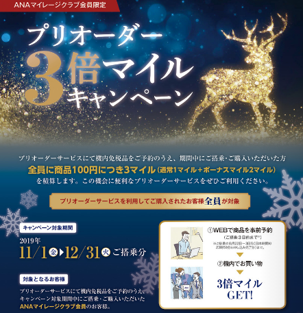 ANA国際線機内販売プリオーダー 3倍マイルキャンペーン